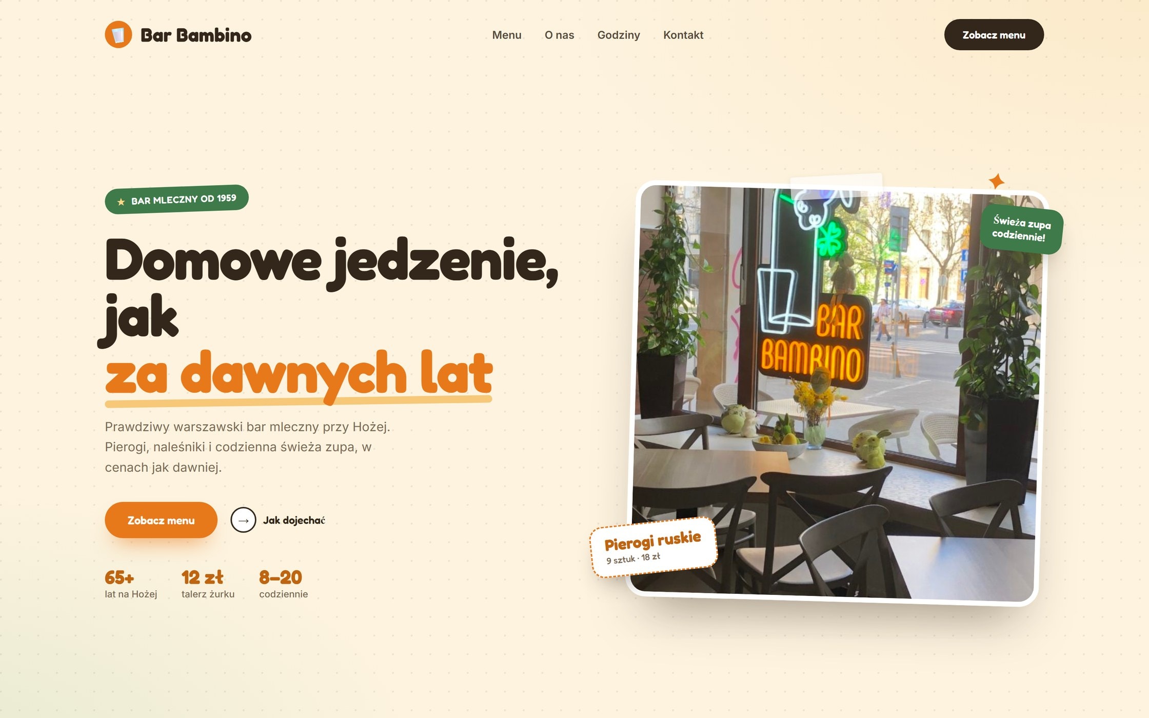 Projekt strony dla baru mlecznego Bar Bambino — ciepła, apetyczna strona główna z menu i cenami