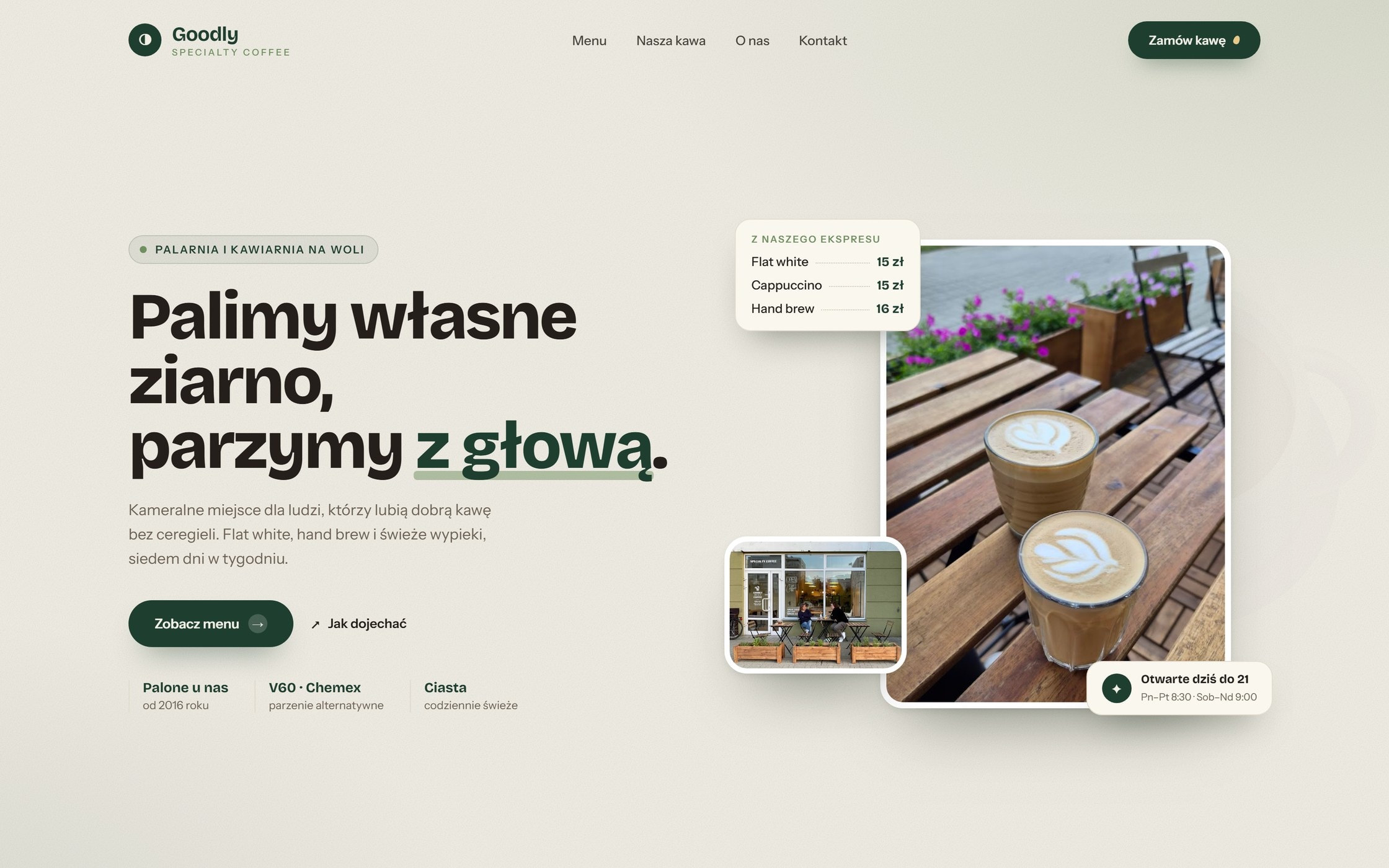 Projekt strony dla kawiarni Goodly Specialty Coffee — ciepła, zielona strona główna z menu i cenami kawy