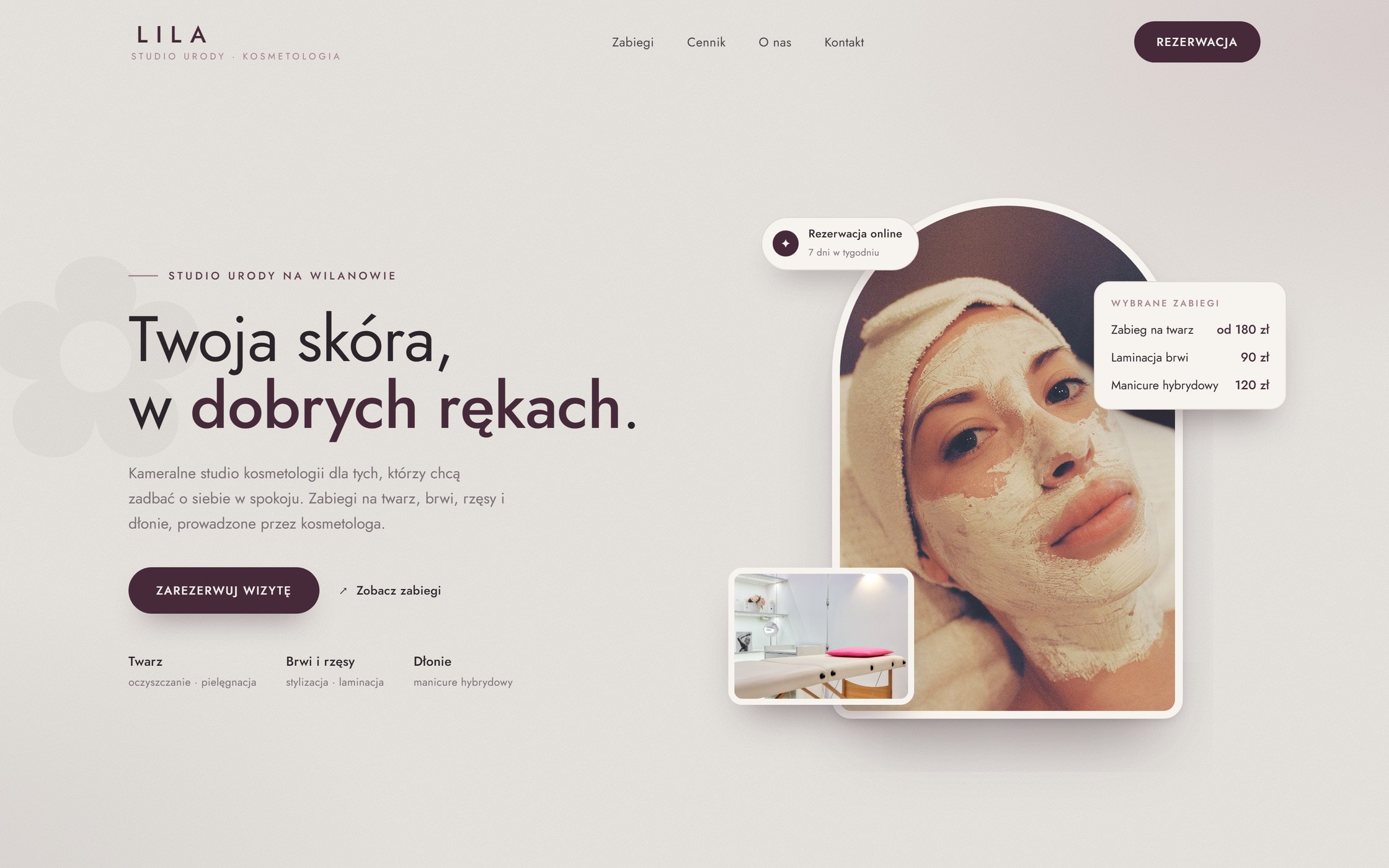 Projekt strony dla studia urody Lila — jasna, elegancka strona z zabiegami i rezerwacją online